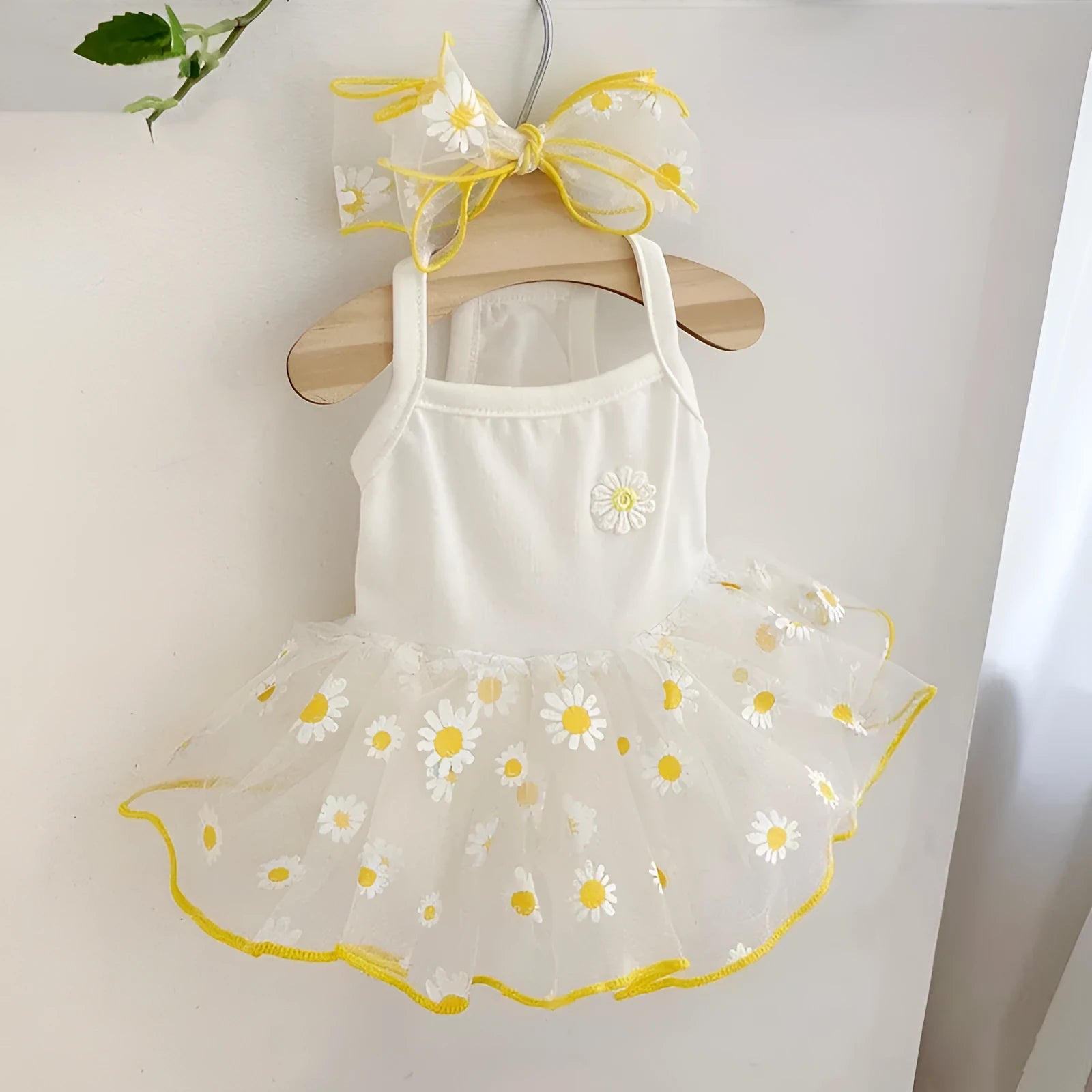 Yellow little daisy print dog clothes with full body coverage including all four legs