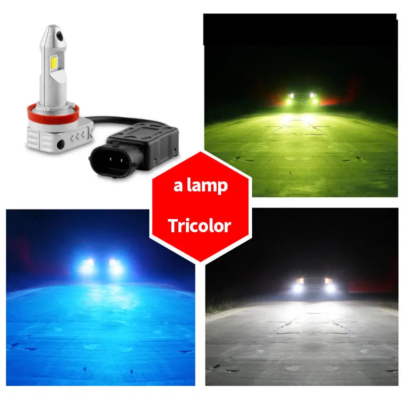 Universal three-colour LED fog lamp bulb with aluminium housing for cars, motorcycles and trucks.