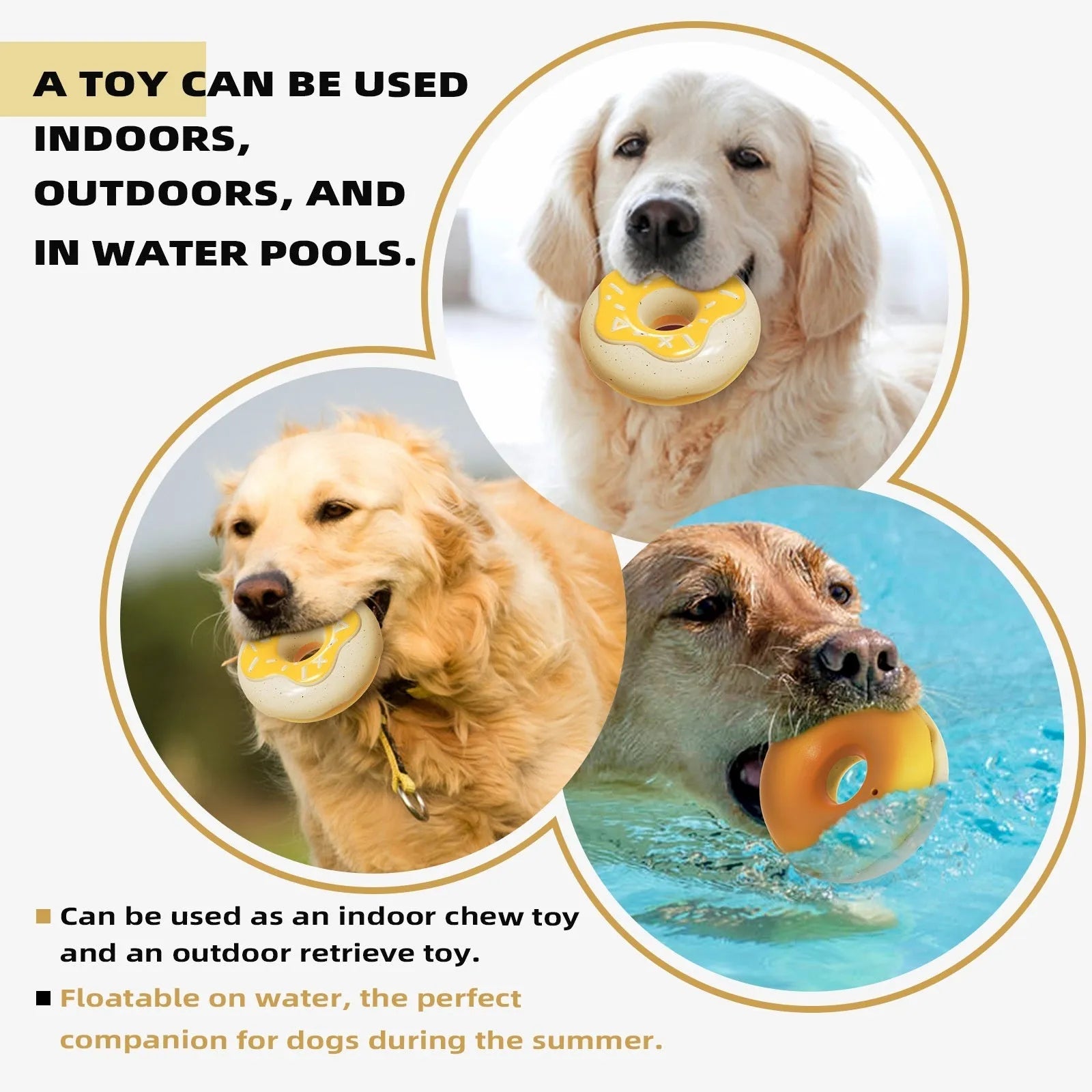 Pink, yellow, and chocolate TPR donut-shaped dog toy with textured surface for teeth cleaning