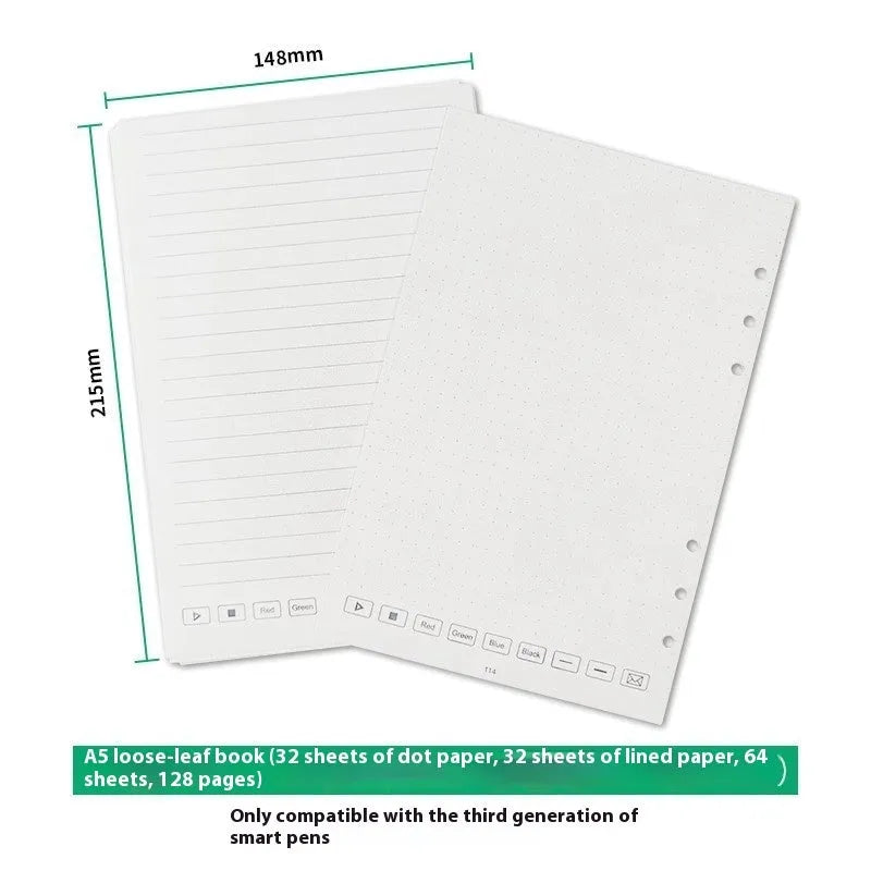 Loose leaf spiral notebook paper refill with 64 pages, metal pen core, and nine ballpoint, pencil, and plastic refills