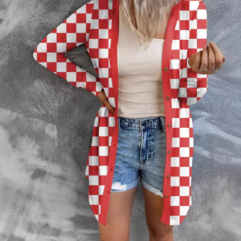 Women's long plaid coat loose knitted cardigan in street fashion style