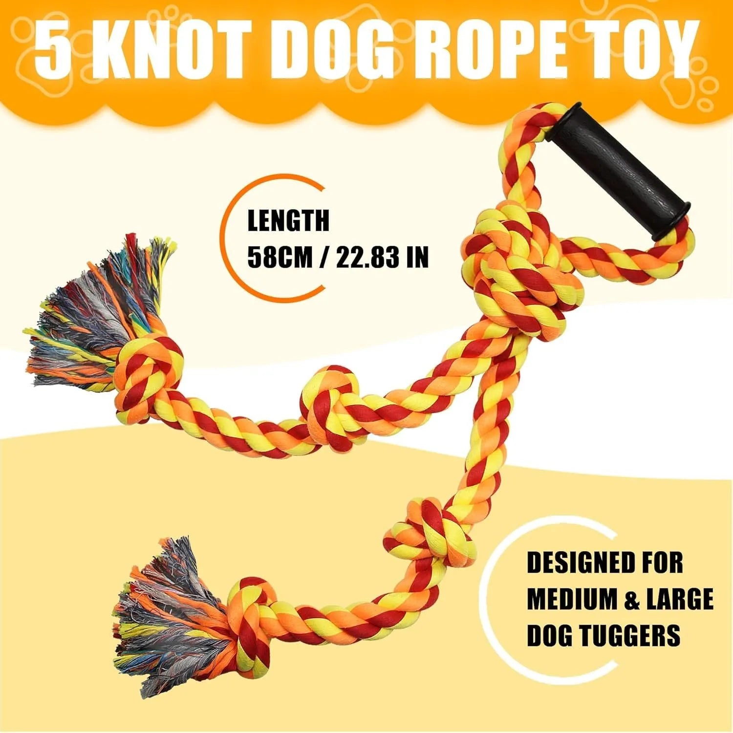 Blue and yellow woven cotton rope dog toy with a non-slip handle for tug-of-war games.