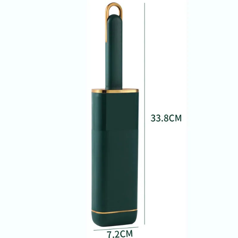 Blue green and white double-sided pet hair remover brush with a storage compartment base.