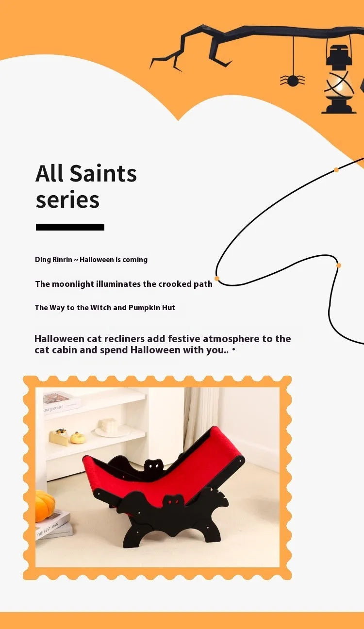 Black and red Halloween themed wooden cat recliner bed on elevated platform