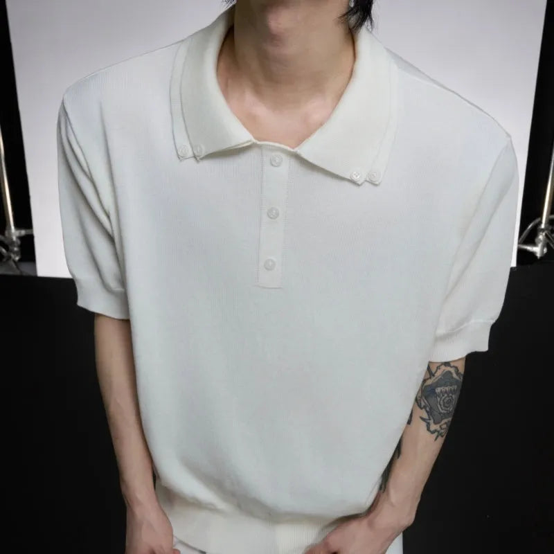 Men's slim knit short sleeve shirt with double collar design in black, white or grey