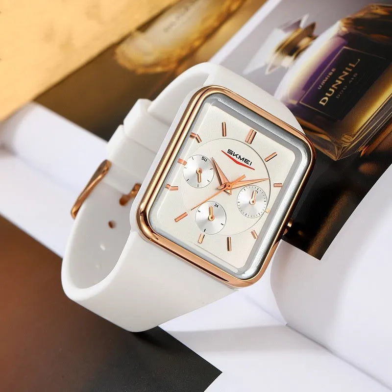 Square silicone waterproof watch for girls in white rose gold colour showing 10.8mm thickness