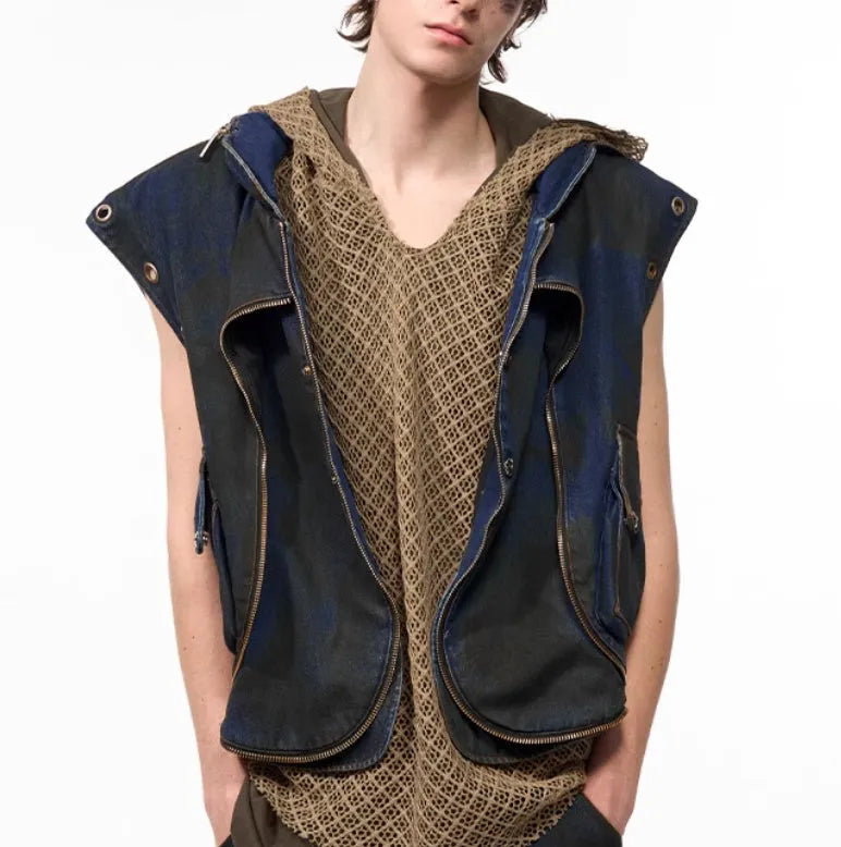 Blue polyester Korean-style hooded denim vest coat outfit with matching trousers on model