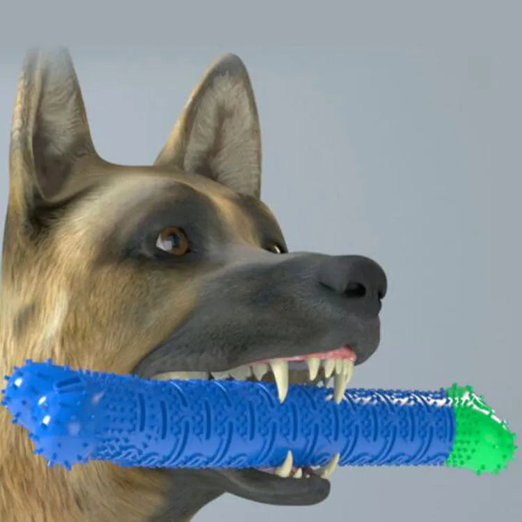 Blue and green dog dental cleaning stick with silicone nodules and serrated brush head design