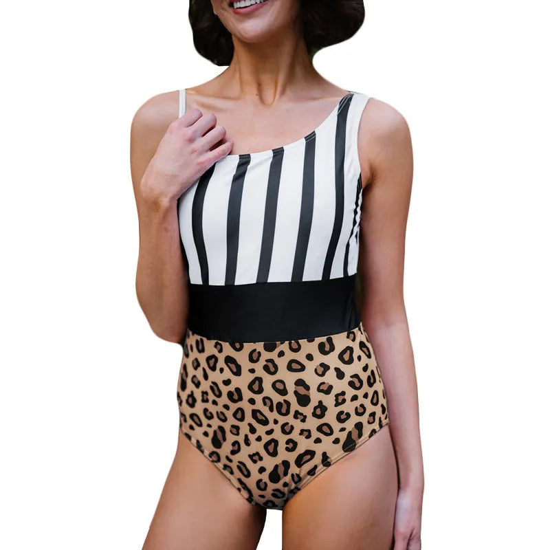 Women's leopard print one-piece swimsuit with asymmetric collar and high waist triangle design