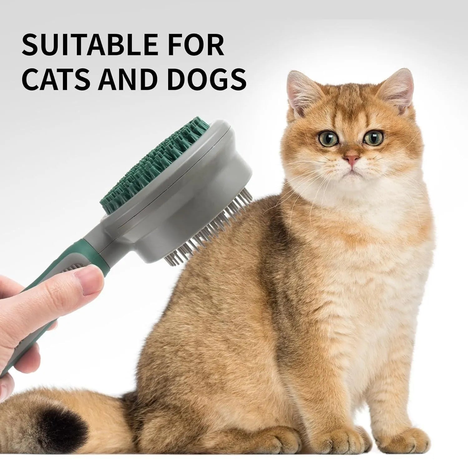 Green and pink dual-sided pet grooming brush with silicone massager and retractable slicker brush.