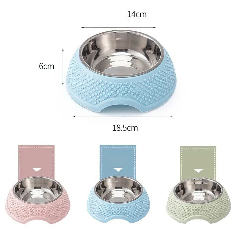 Stainless steel pet bowl with coloured non-slip base for cats and dogs