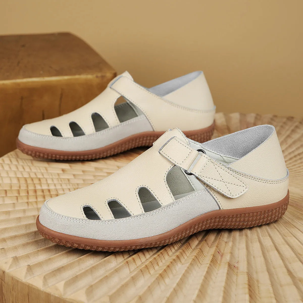 Women's plus size flat sandals with toe cap and hollow breathable design in blue colour