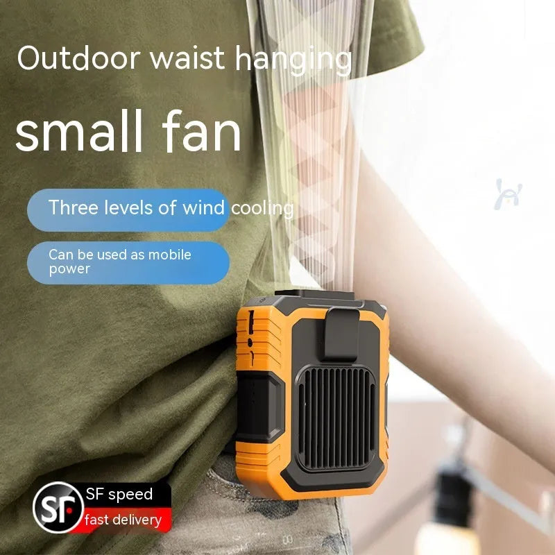 Green wrist hanging fan with light and USB port, shown with adjustable strap.