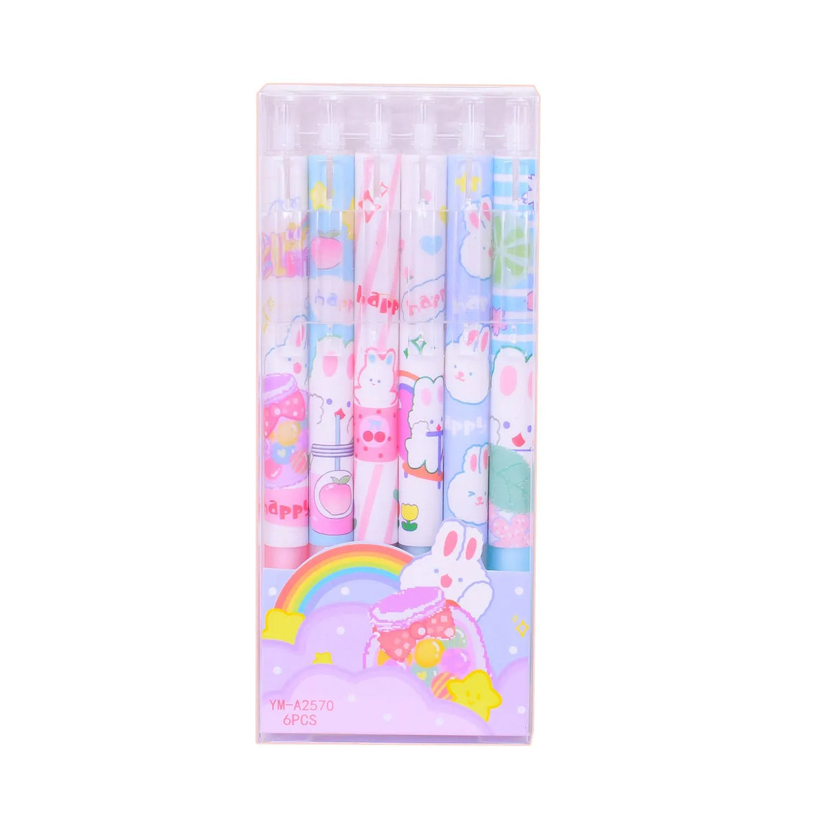 Six cartoon bunny design pens with 0.5mm black ink in plastic barrels