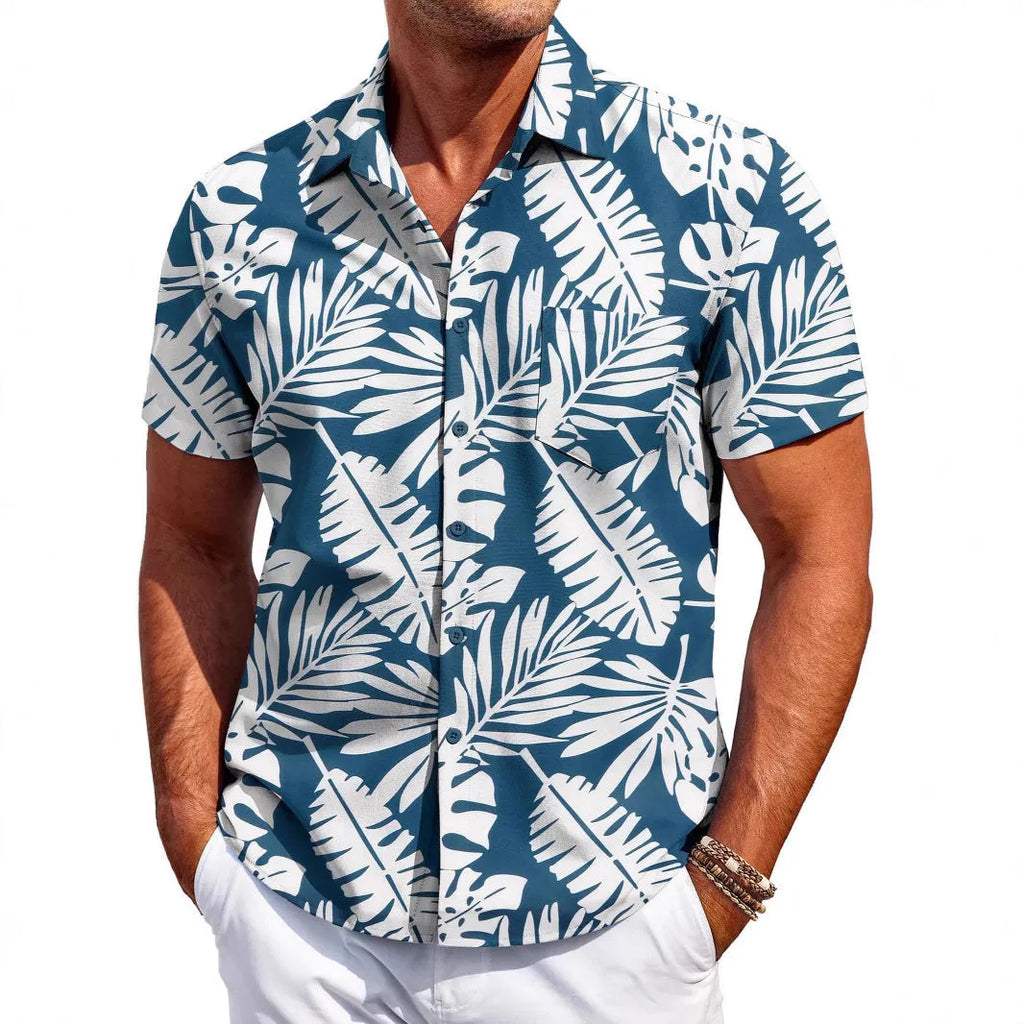 Men's slim fit Hawaiian short sleeve shirt cardigan in elastic polyester fabric