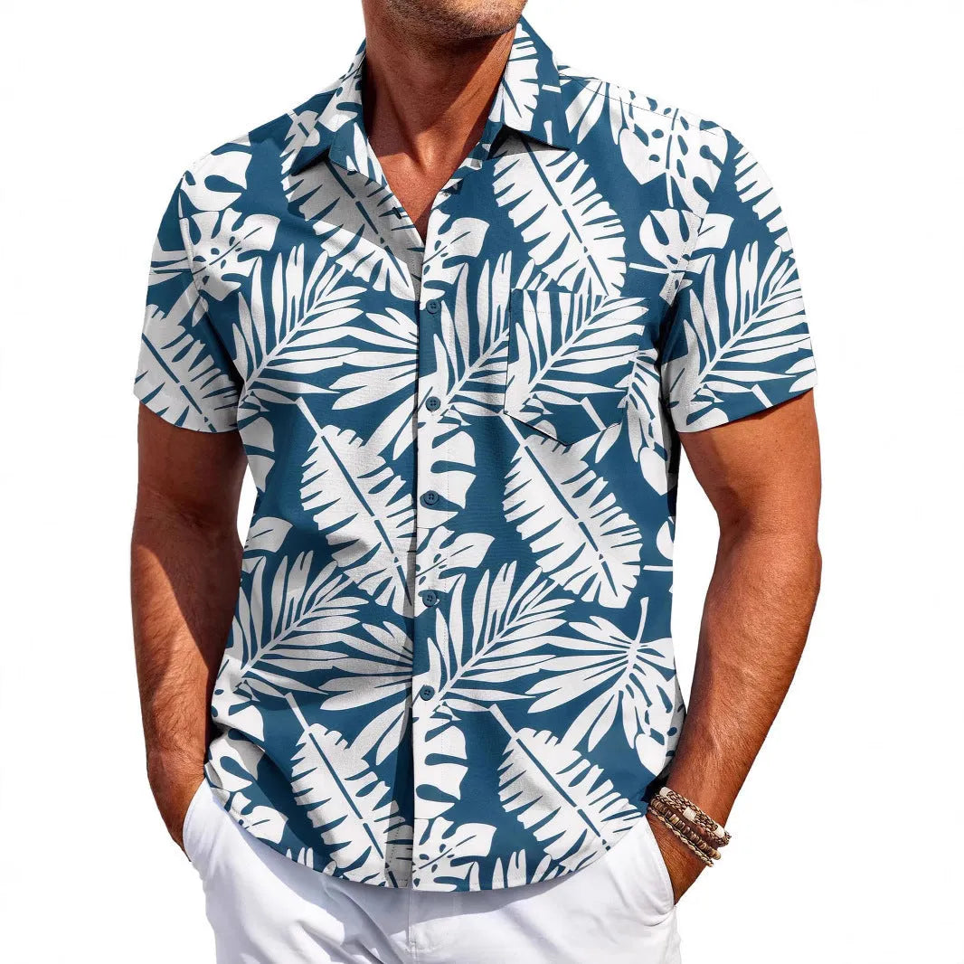 Men's slim fit Hawaiian short sleeve shirt cardigan in elastic polyester fabric