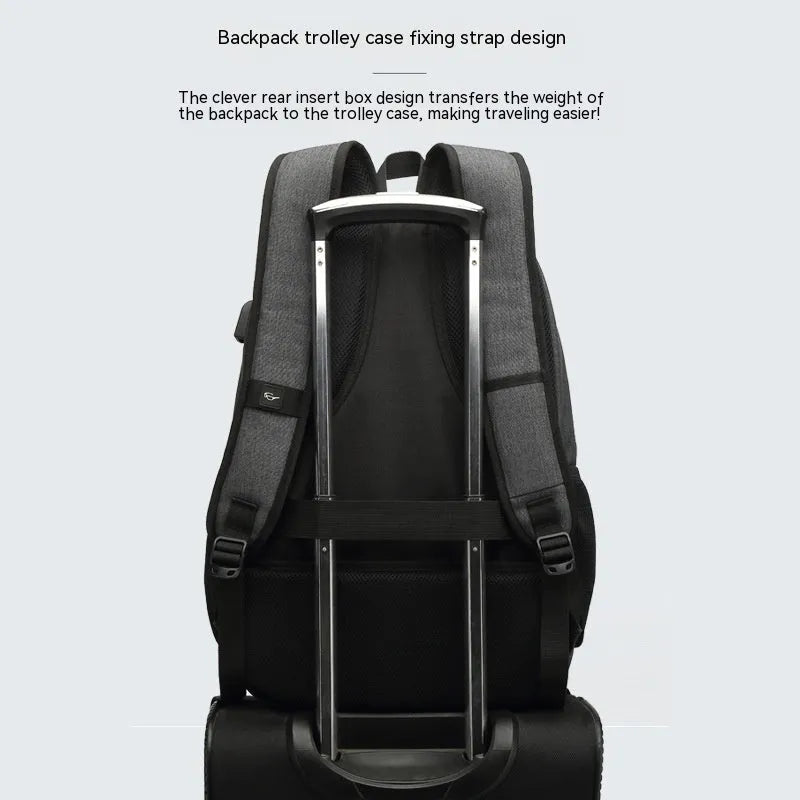 Grey USB charging backpack with trolley sleeve showing dimensions and water-resistant nylon construction