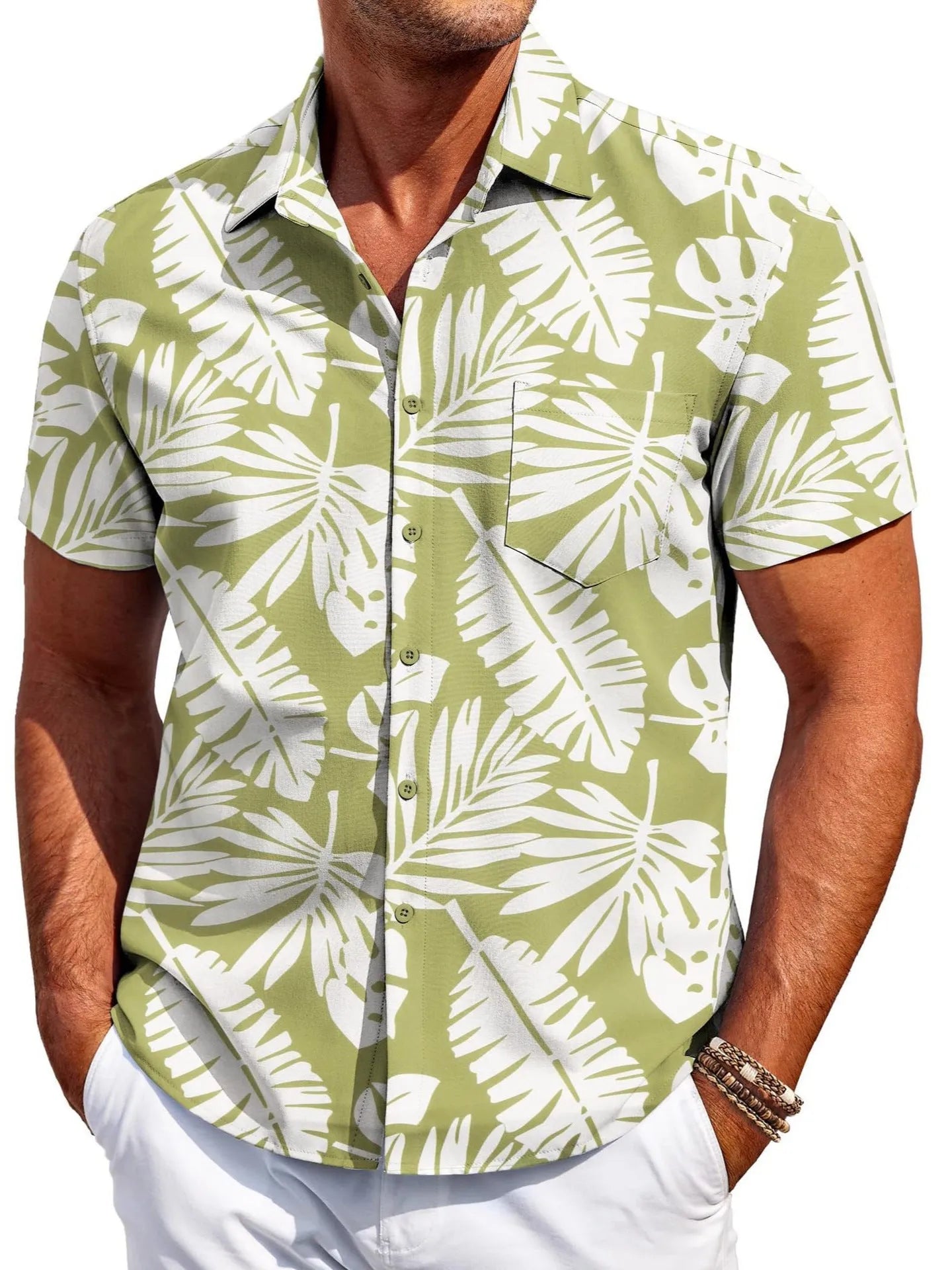 Men's slim fit Hawaiian short sleeve shirt cardigan in elastic polyester fabric
