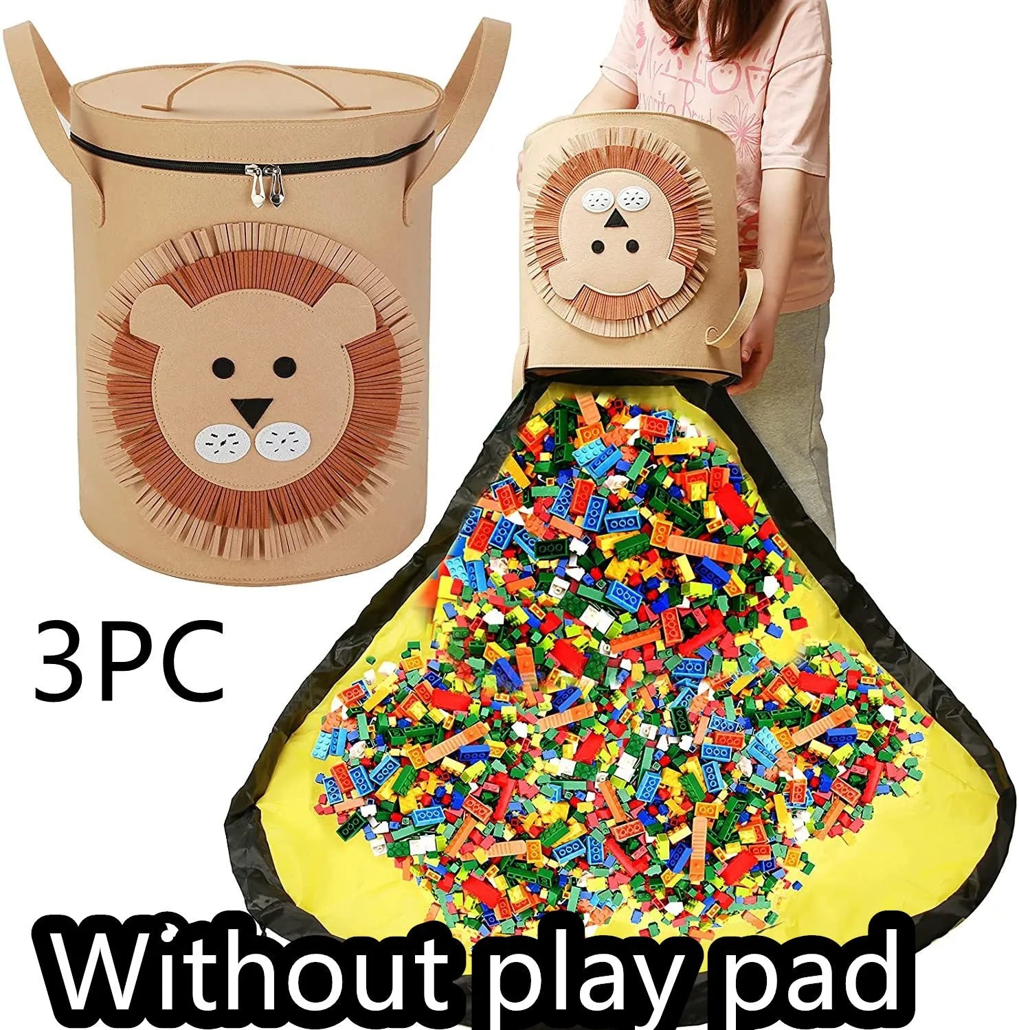 Green felt cube storage bag with pull rope laid flat as play mat for toy organisation