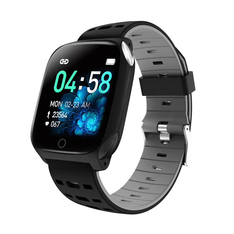 F16 Smart Watch with ECG monitor on a silicone strap, showing the 43mm IPS touchscreen display.