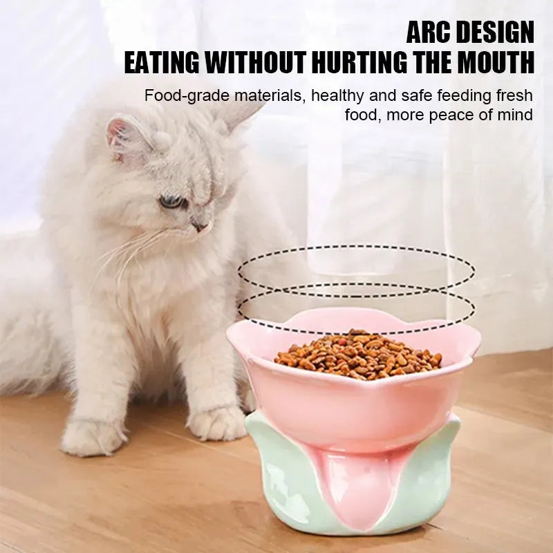 Blue ceramic raised pet bowl with floral pattern and non-slip base for cats and small dogs.