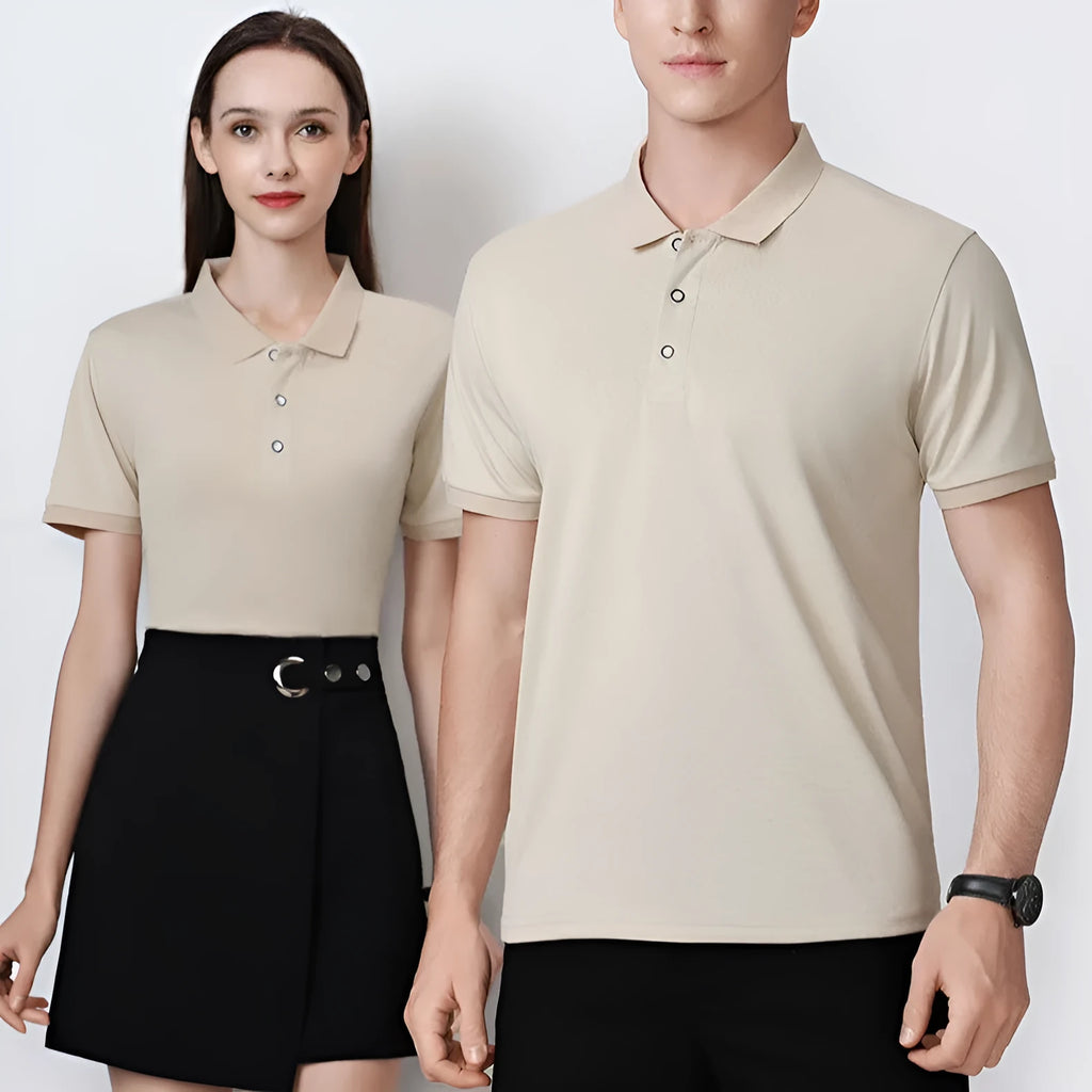 Man's short sleeve ice silk polo shirt in a pullover style on a hanger.