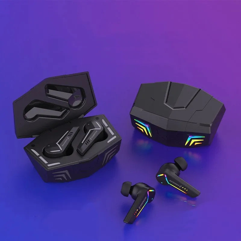 Small black TWS Bluetooth sports headset with earplug design for low-latency gaming and music.