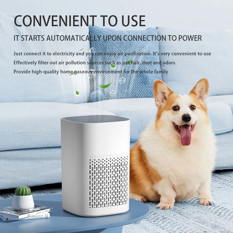 Simple style desktop air purifier with USB cable on a wooden desk.