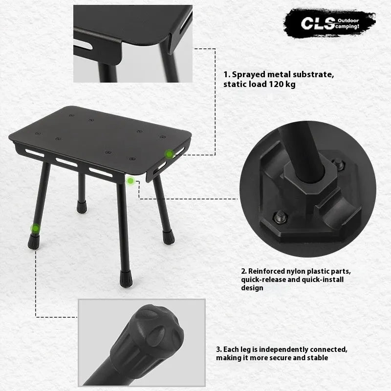 CLS aluminium folding camping stool with PU mat cushion, shown converted into a small side table.
