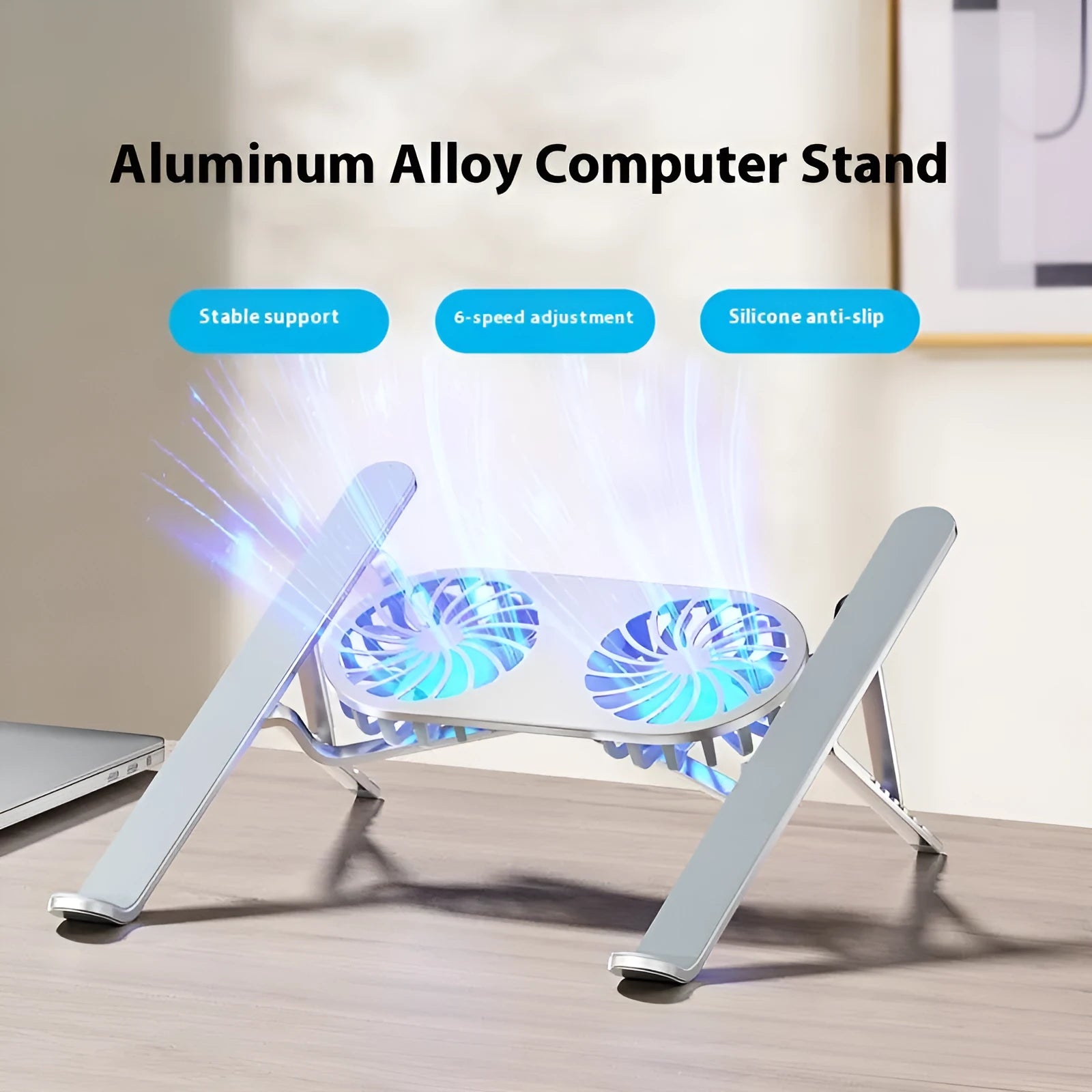 Aluminium alloy portable notebook stand with twin cooling fans in folded position