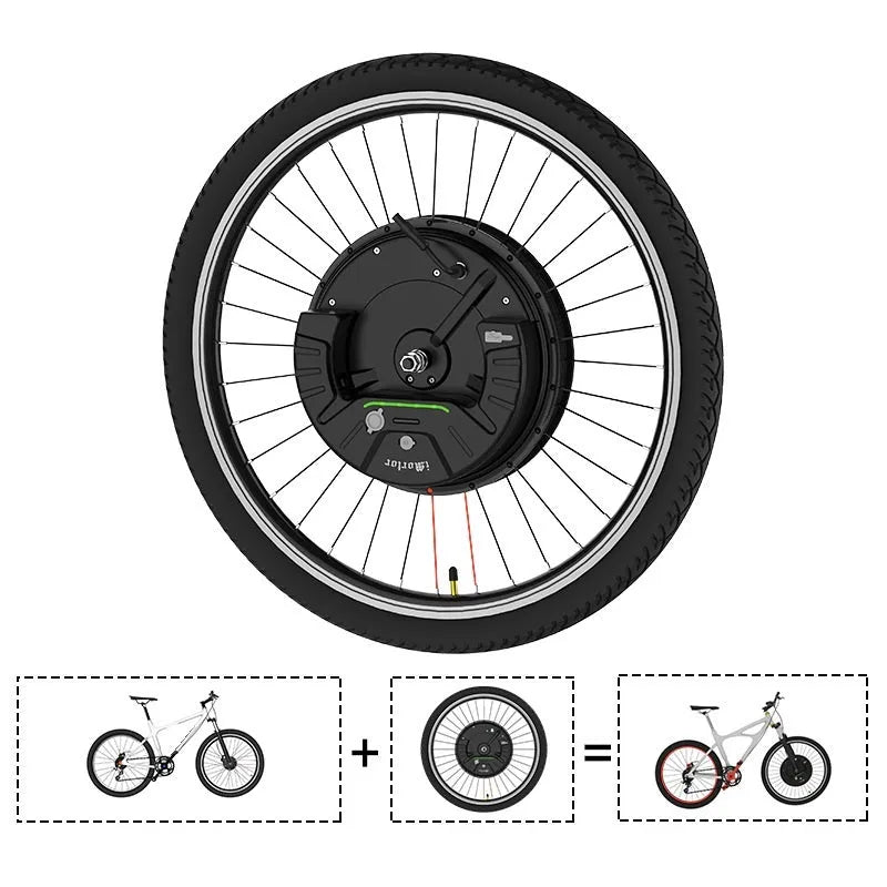 Black bicycle wheel with integrated hub motor for electric bike conversion kit