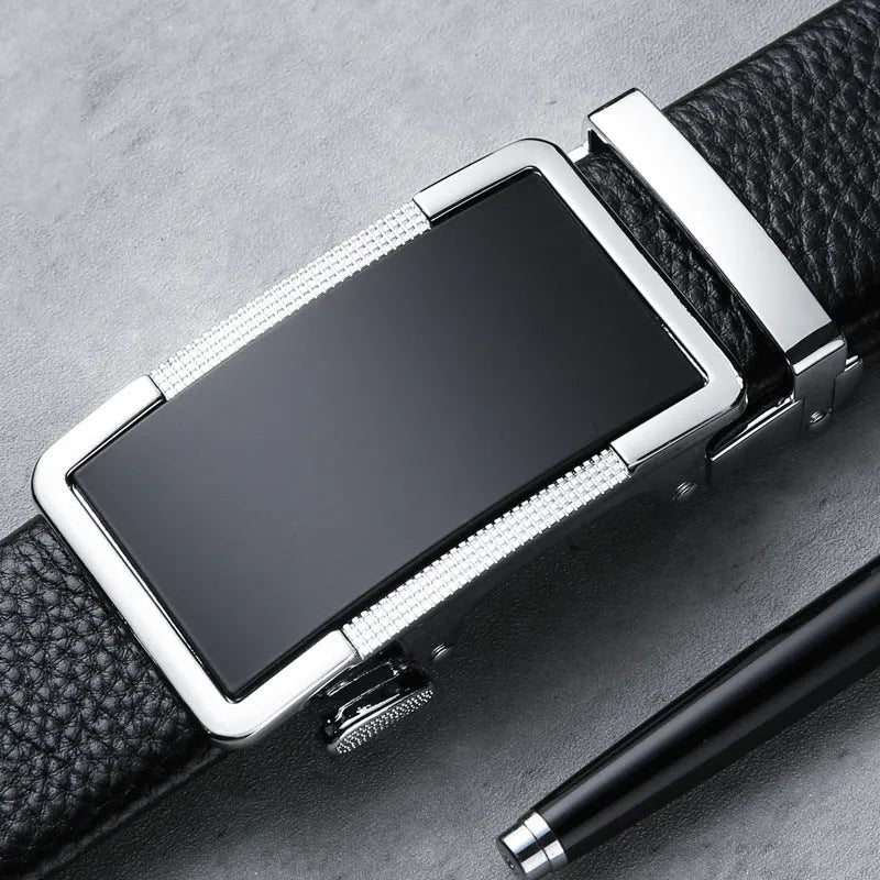 Men's leather belt with automatic buckle in gun black, silver, or gold colours