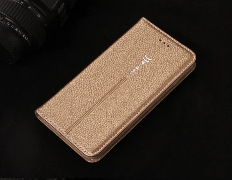 Imported PU leather wallet case for iPhone in black, blue, brown, khaki, or pink with card slot.