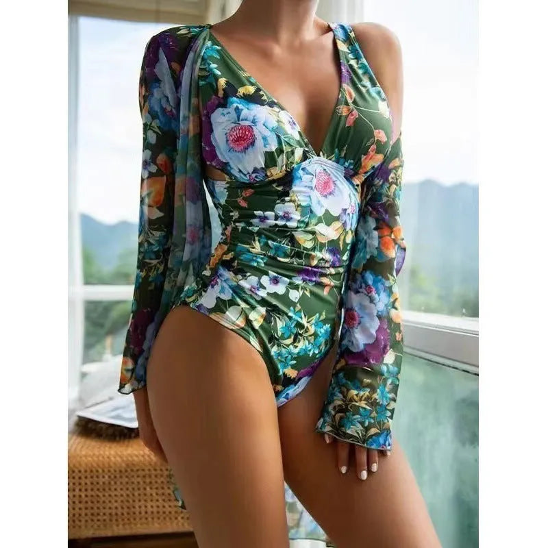 Women's floral pattern bikini three-piece swimsuit set with matching cover-up coat in polyester fabric