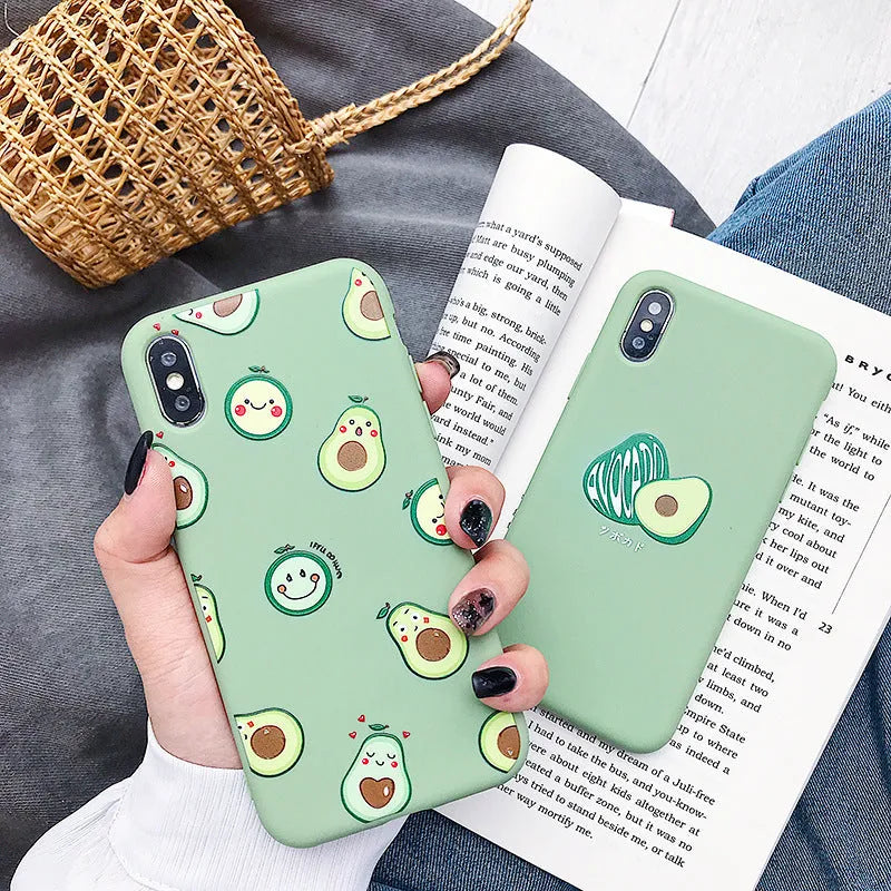Green avocado cartoon printed flexible TPU back cover case for Apple iPhone mobile phones.