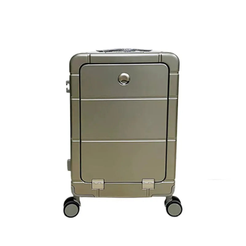 20-inch front opening cabin suitcase in four colours showing dry wet separation and built-in cup holder.
