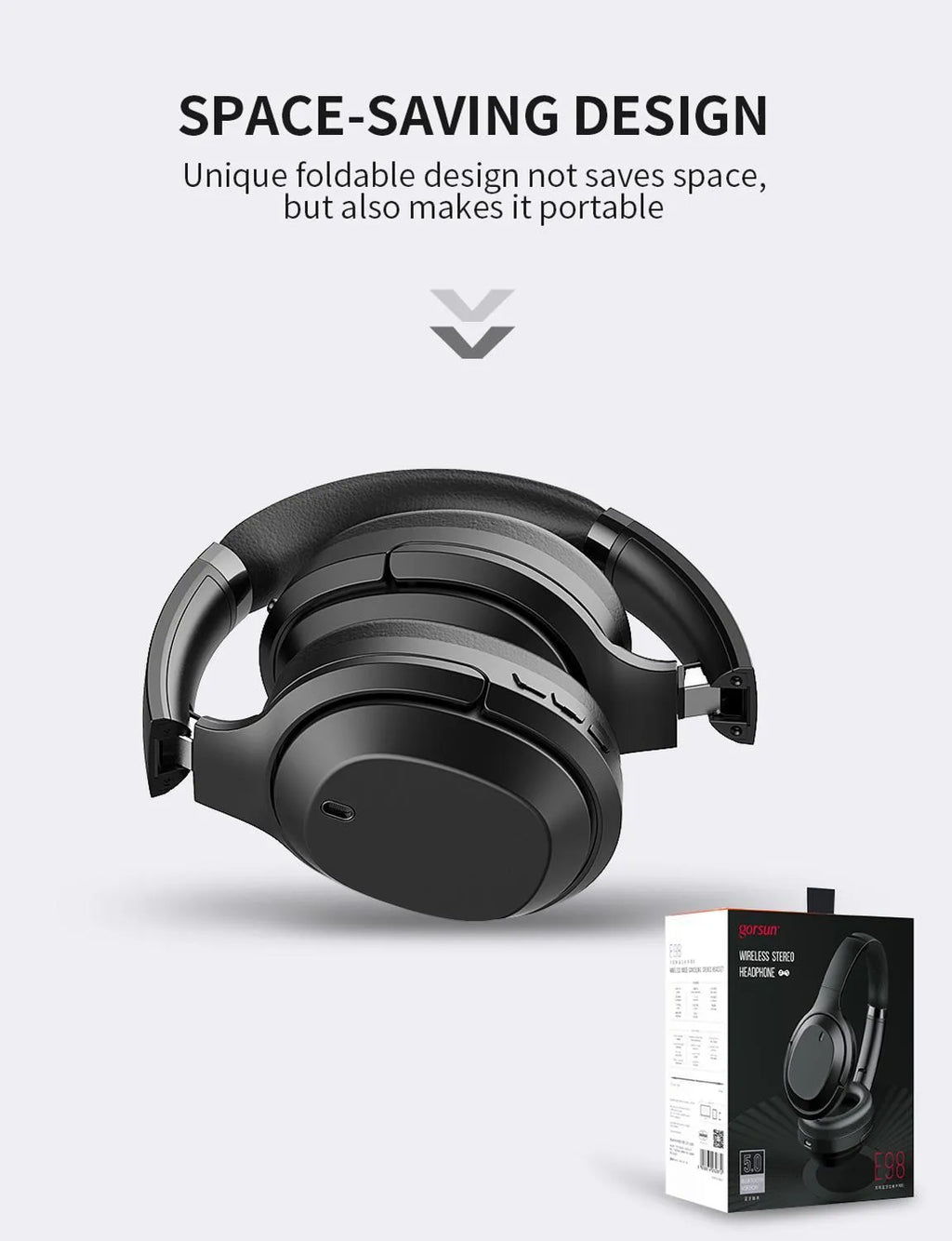 Black Gorsun E98 over-ear Bluetooth headphones with memory-protein cushions on headband.