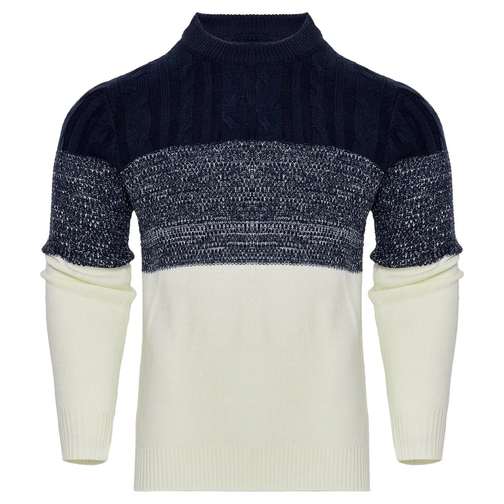 Men's soft knitted long-sleeved pullover sweater on a model, showing style variation.