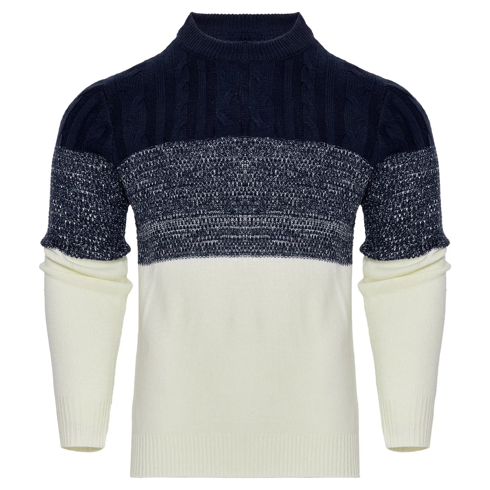 Men's soft knitted long-sleeved pullover sweater on a model, showing style variation.