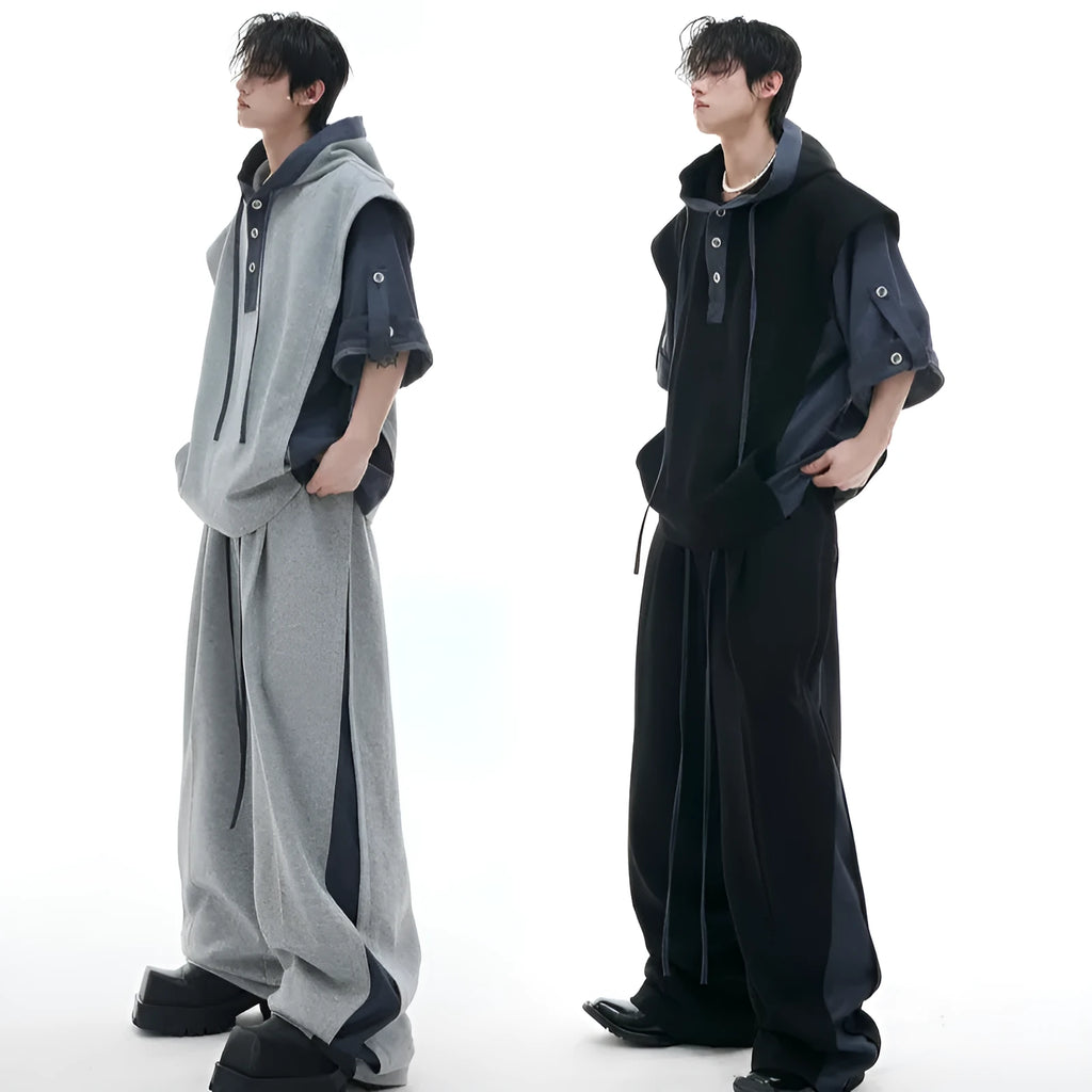Men's hooded polyester sports leisure suit with three-dimensional stitching short sleeve jacket and matching trousers