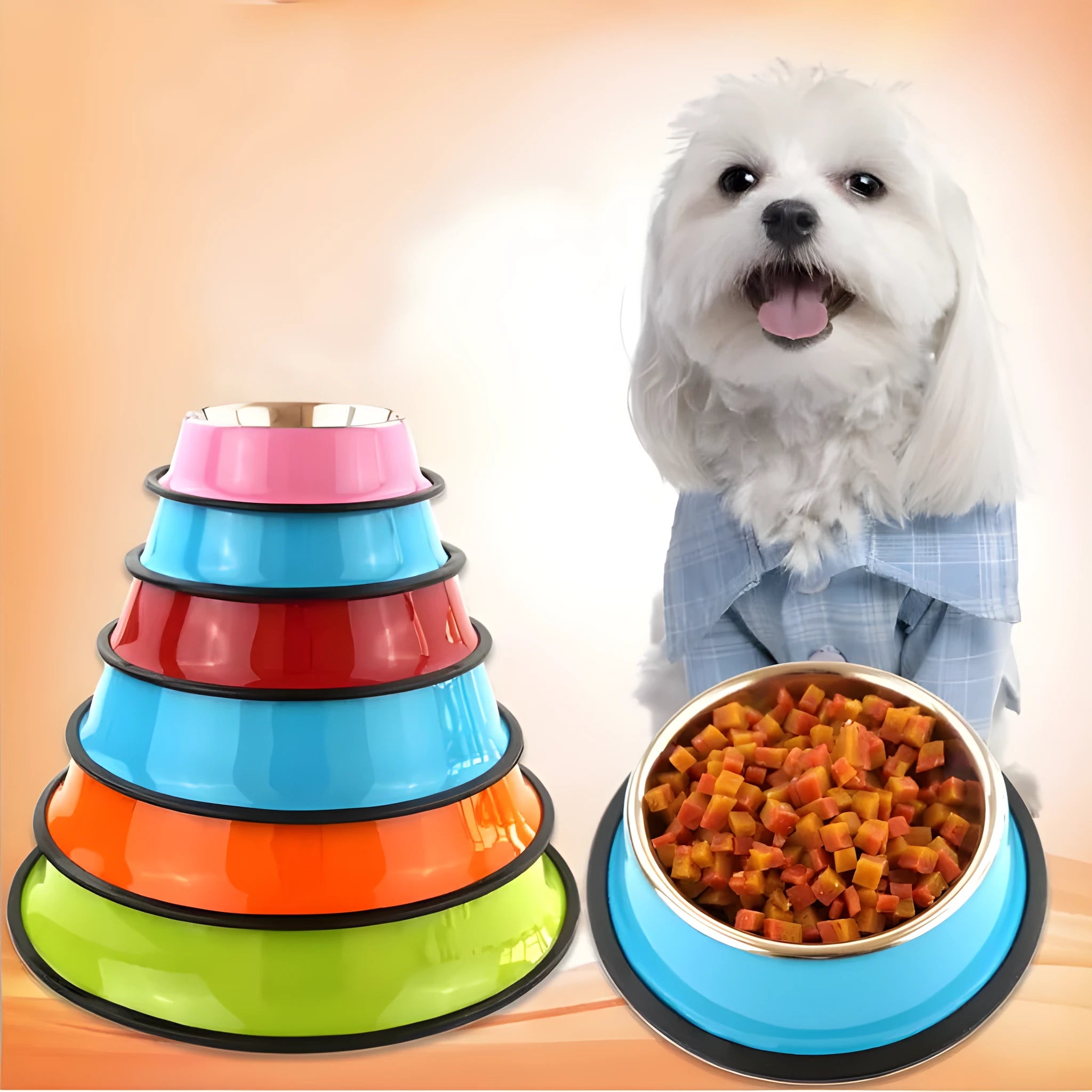Stainless steel pet bowl with colourful melamine pot and non-slip rubber base