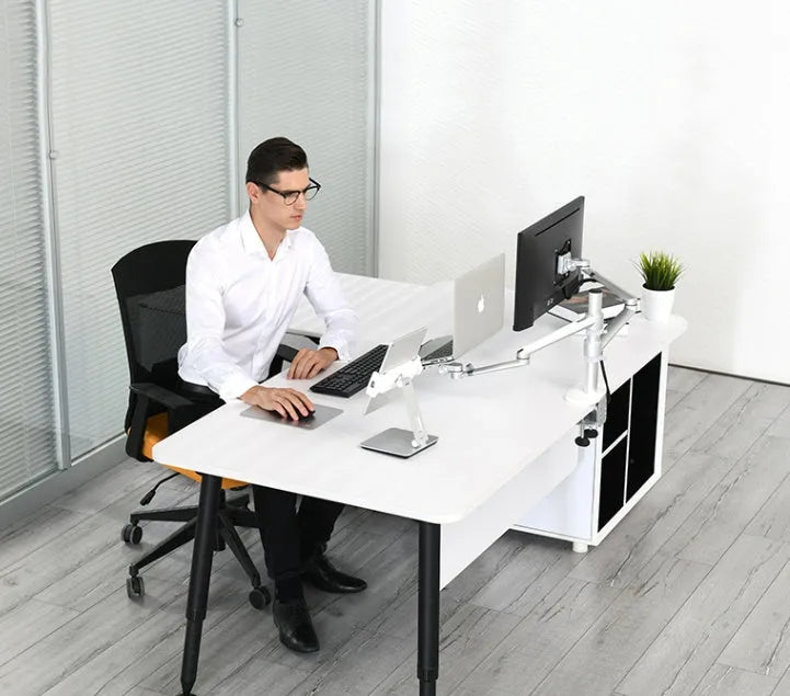 Aluminium folding desktop phone and tablet holder with 360-degree rotation in silver colour