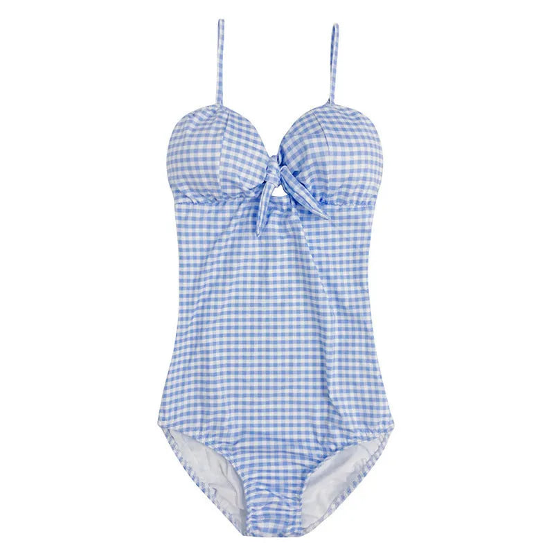 Women's blue and white plaid one-piece swimsuit nylon fabric