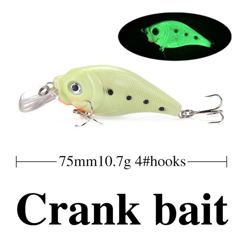 Set of five hard body fishing lures with fluorescent patterns and luminous glow for low-light fishing conditions