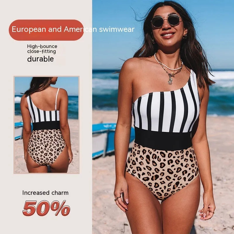 Women's leopard print one-piece swimsuit with asymmetric collar and high waist triangle design