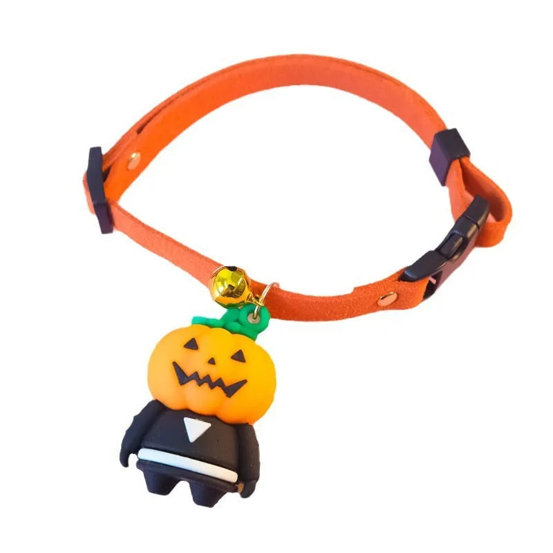 Halloween dog collar decoration showing luminous cartoon skull design on an adjustable polyester strap.