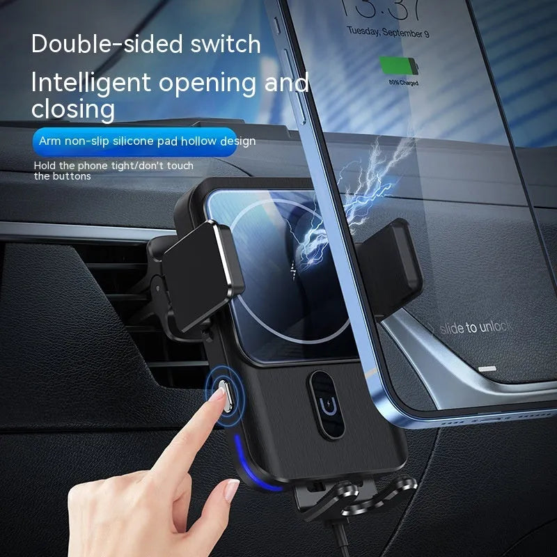 Black car wireless phone charger holder with 15W fast charging, shown with suction cup and clip mounting options.