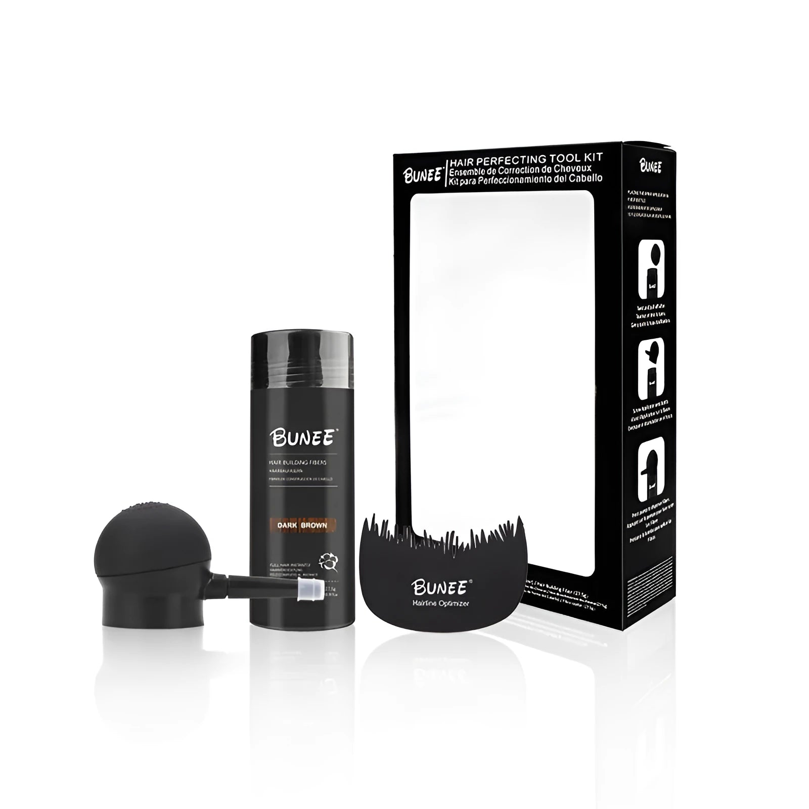 Dense Hair Fibre Powder three-piece set showing powder bottle, applicator brush and travel case.