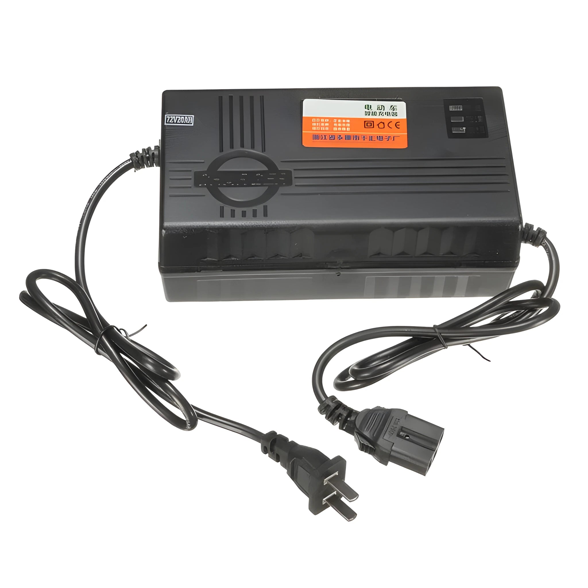 Black 72V20AH electric car charger with compact 165mm design and multiple plug style options