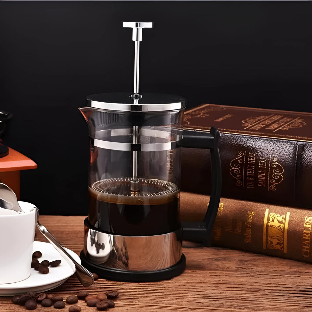 Glass and stainless steel manual coffee maker measuring 10cm wide, 8cm deep, 17cm tall with 350ml capacity.